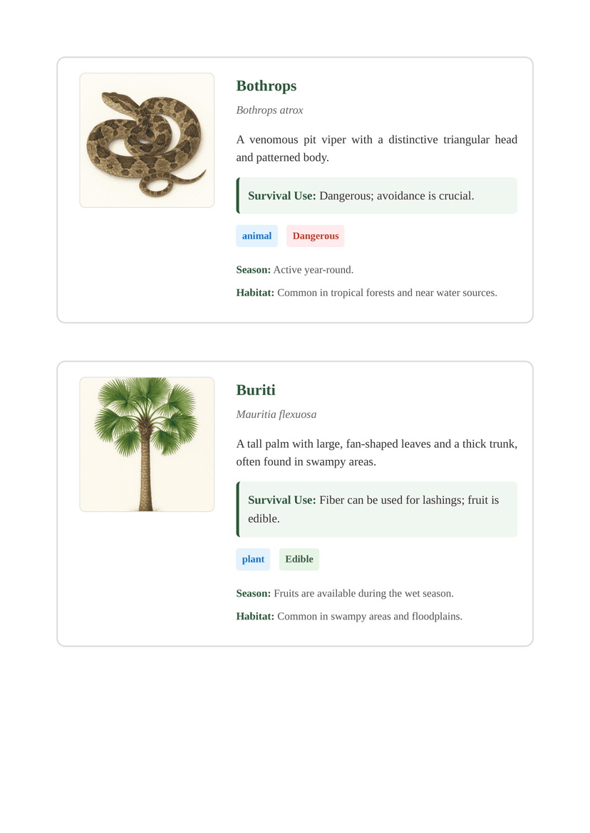 Species identification cards showing dangerous snake and edible plant with survival information